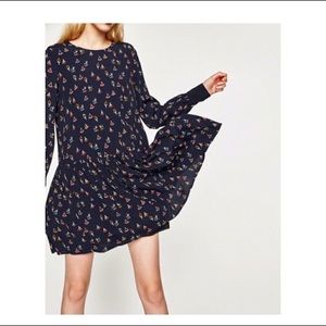 ZARA Yoga Print Navy Midi Dress